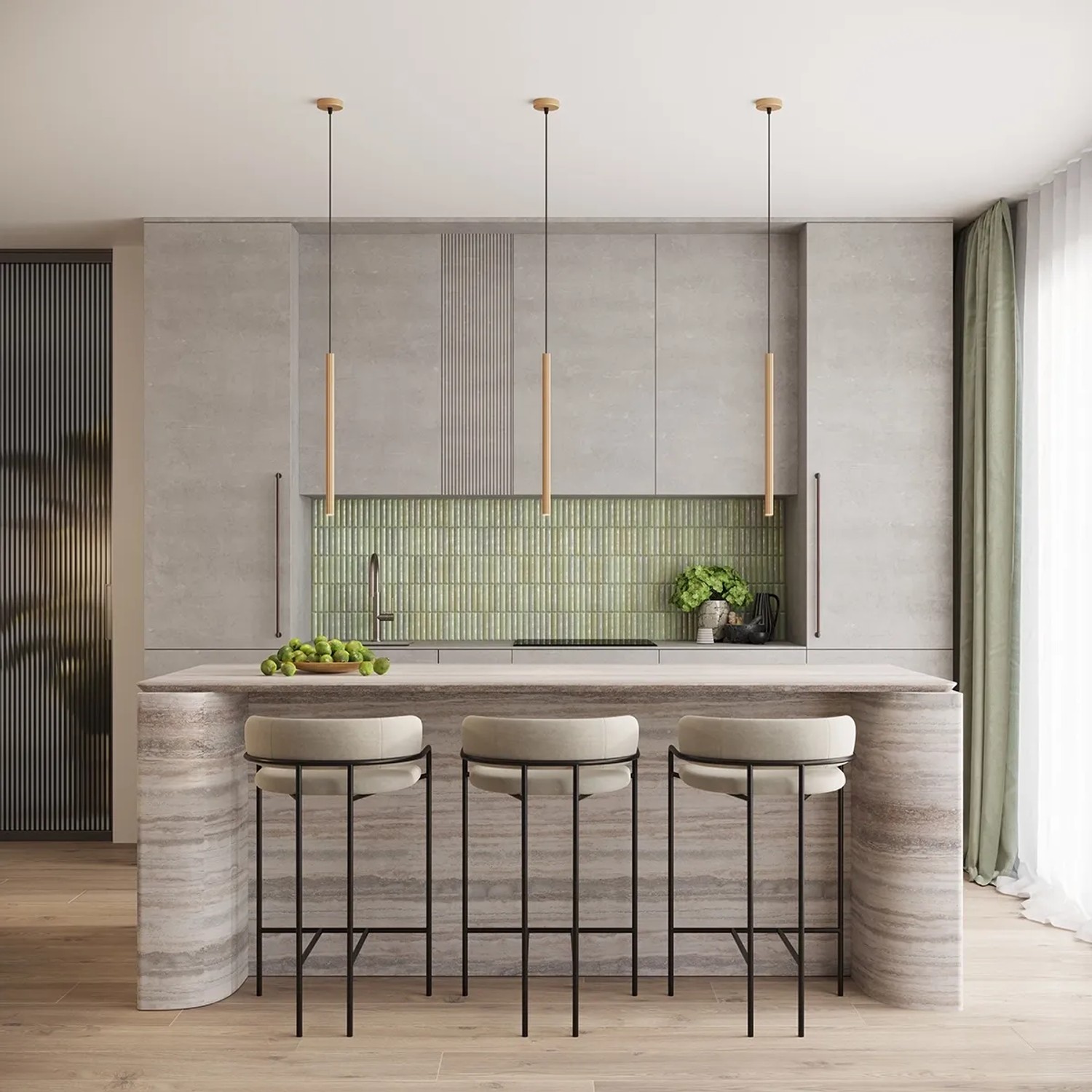 Moderne Sollux Lighting Pendelleuchte Arche 3P Gold in stilvoller Küchenszene.