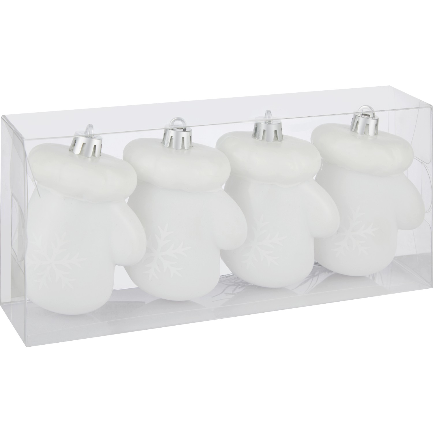 4er Set weiße Weihnachts-Deko Fäustlinge mit Schneeflockenmuster als Baumbehang.