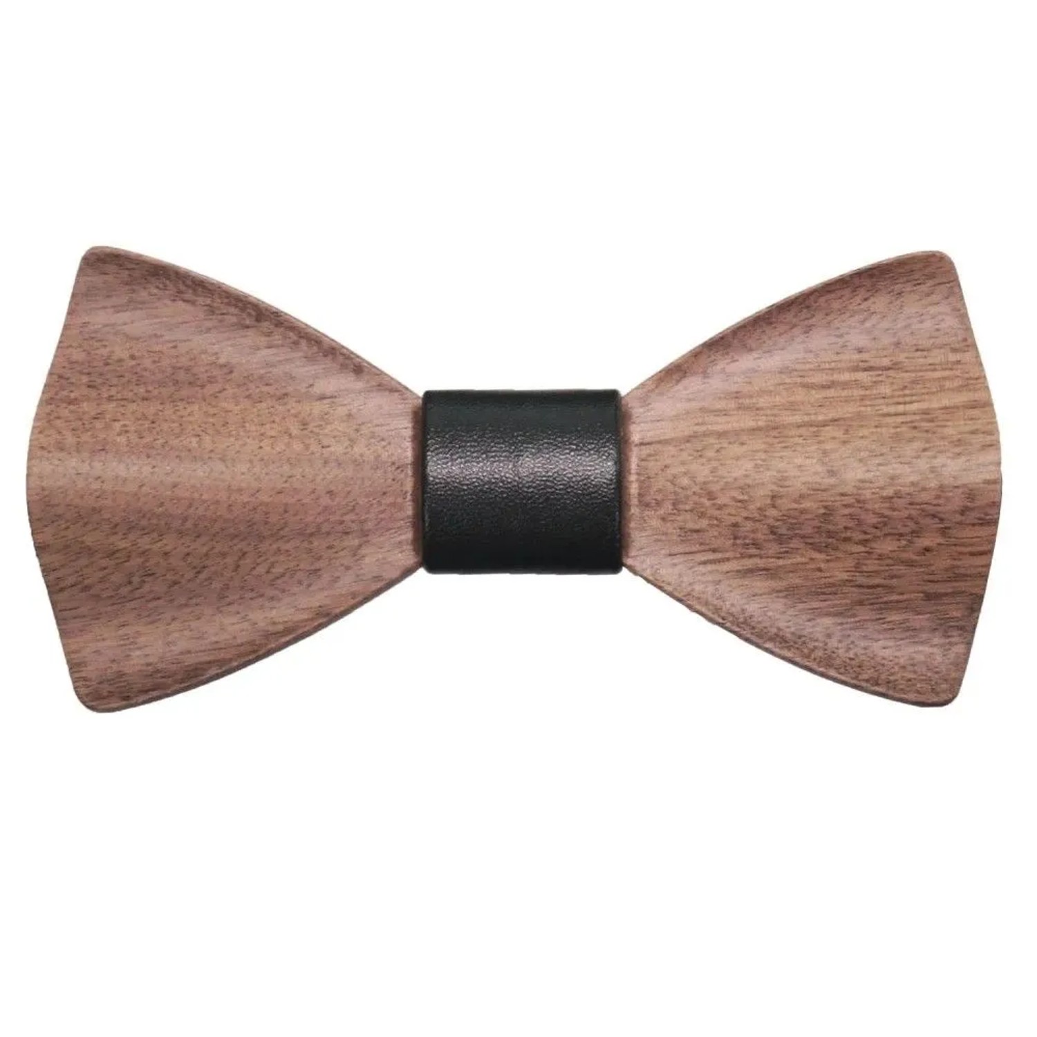 Elegante HMF Holzfliege aus Walnussholz mit schwarzem Kunstleder-Mittelstück. Handgefertigtes Herren-Accessoire.