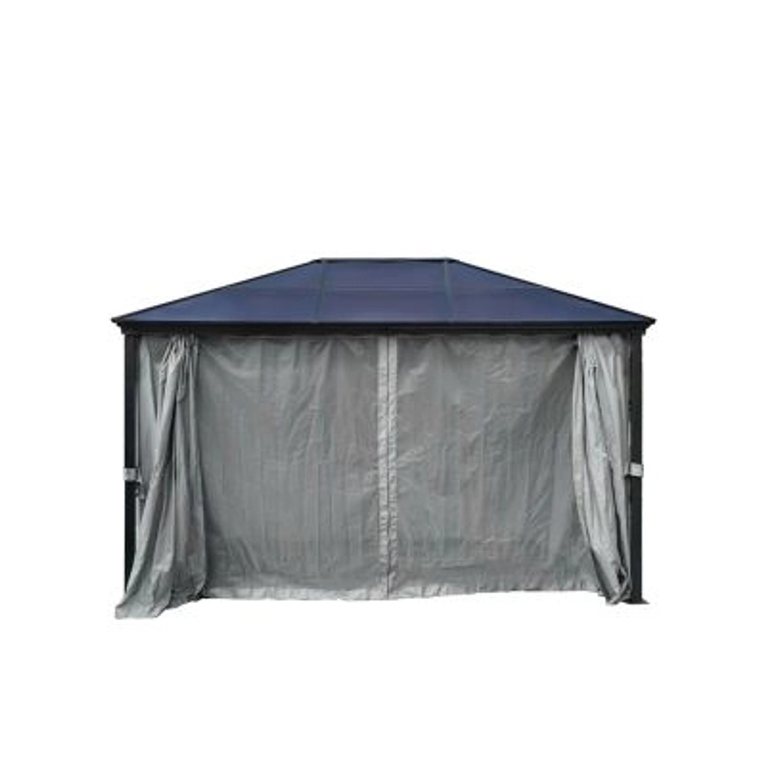 Anthrazitfarbener Jet-Line Gartenpavillon Taneo 3x4m mit festem Dach, Vorhängen und Moskitonetzen.