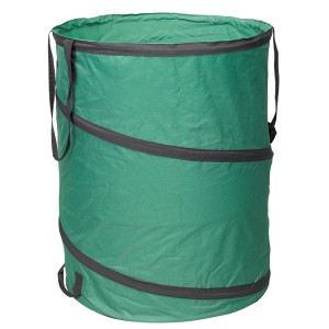 Grüner Gartensack Pop Up mit 85 l Volumen und Trageschlaufen für Gartenabfälle.