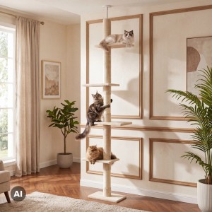 Beiger deckenhoher Fudajo Kratzbaum mit Sisalstämmen, vier Plattformen und Deckenspanner. Drei Katzen nutzen das Kratzmöbel.