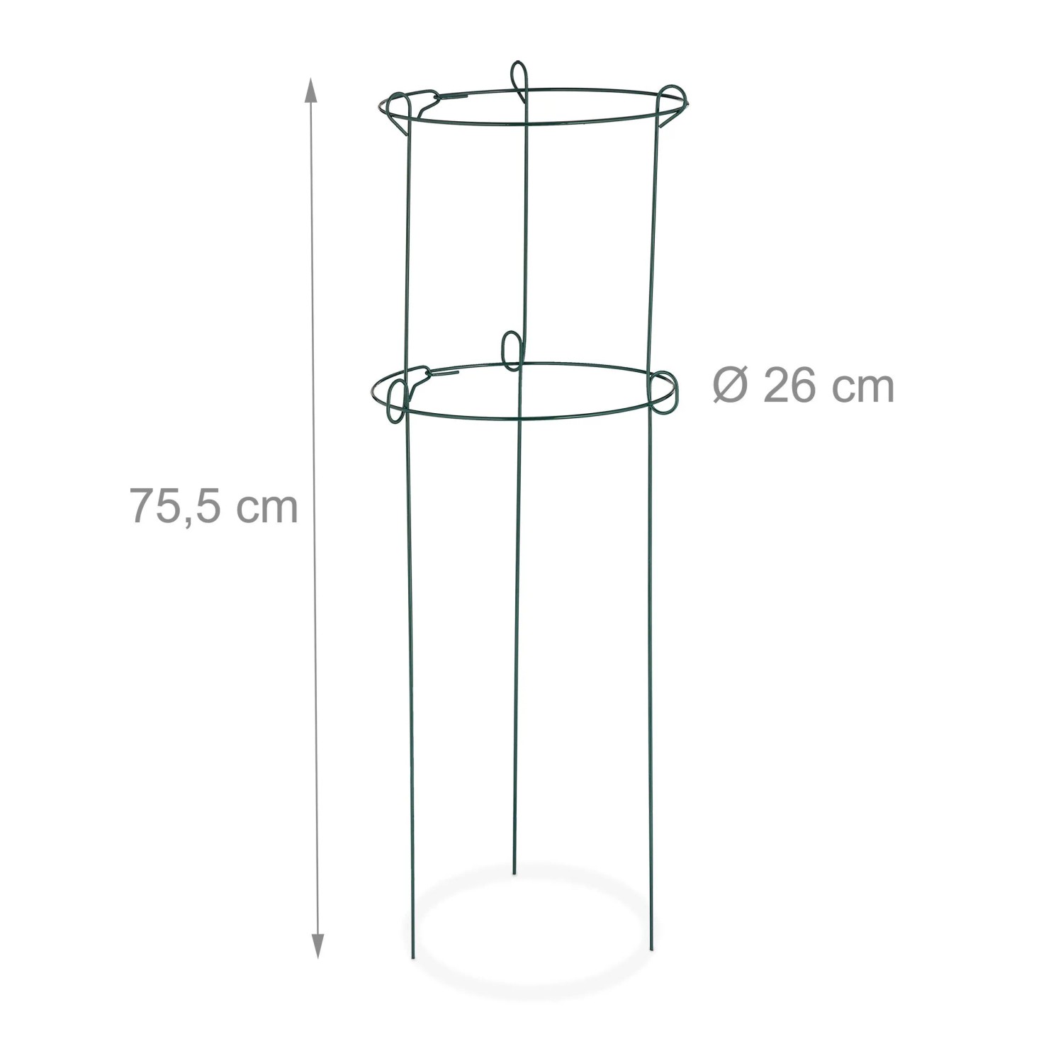 Dunkelgrüne Relaxdays Rankhilfe aus Stahl, 75,5 cm hoch, mit zwei Ringen.