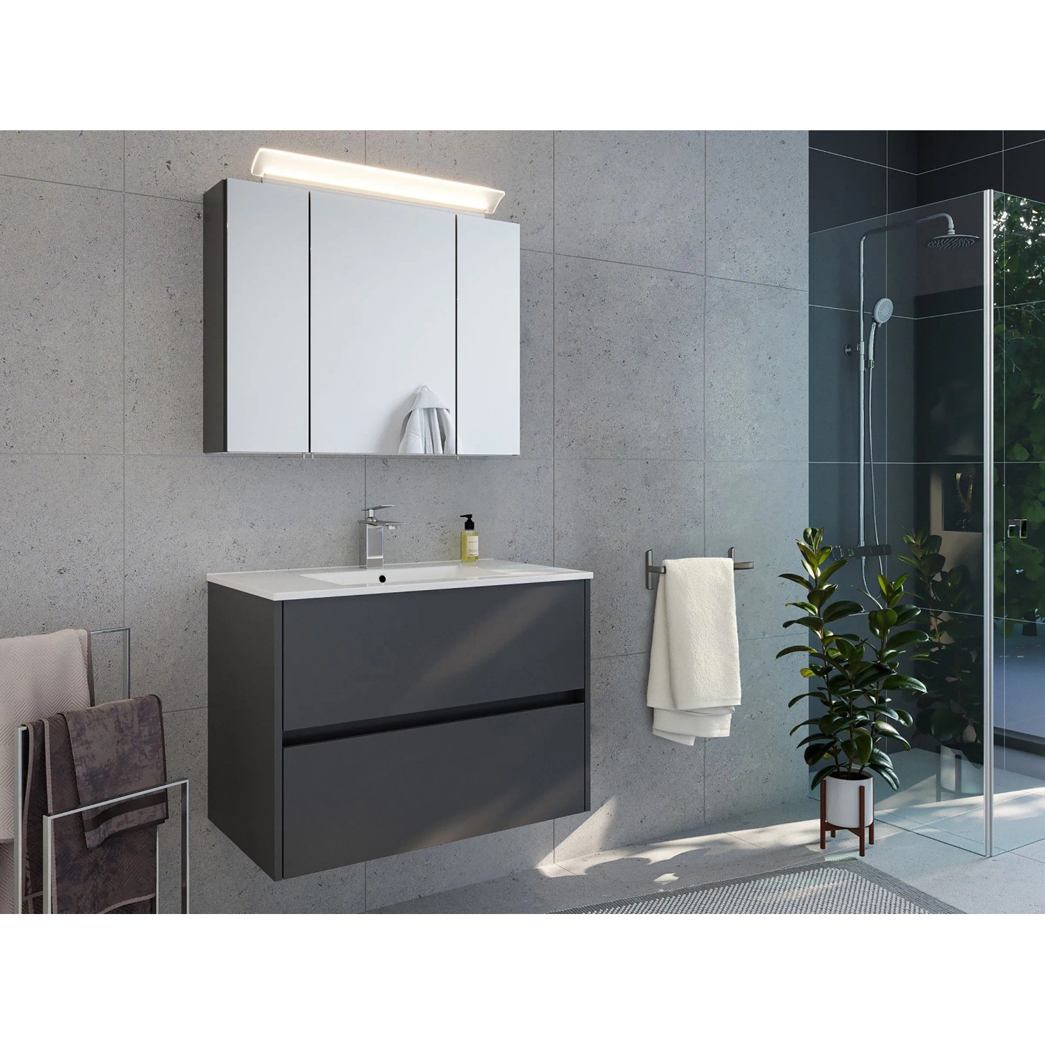 Posseik Badmöbelset Limes 80 cm Grafit LED Spiegelschrank