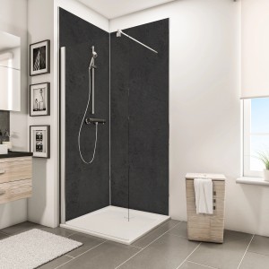 Schulte Duschrückwand DecoDesign Stein Anthrazit, 255x100cm, im Badezimmer mit Dusche.