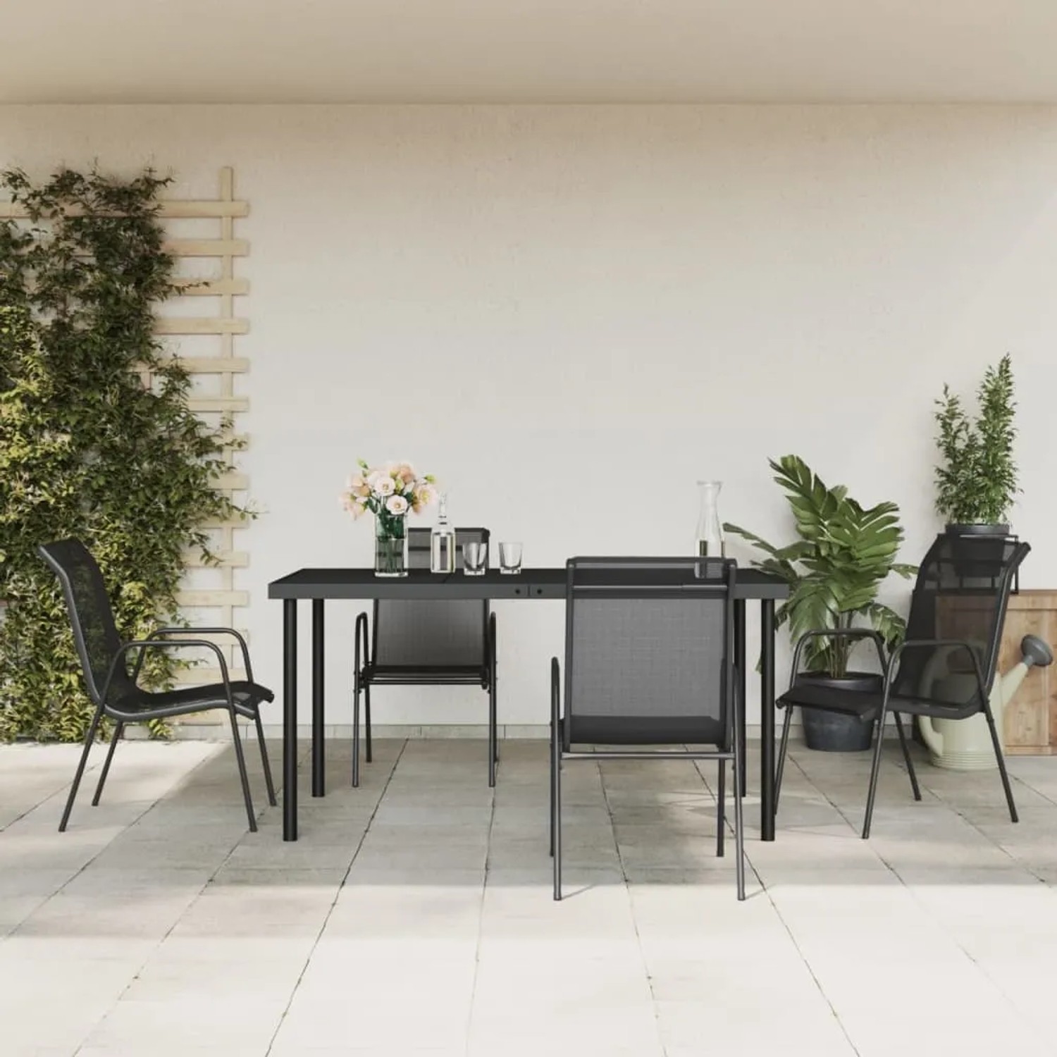 Schwarze 5-tlg. Garten Essgruppe aus Stahl und Textilene von vidaXL, bestehend aus Tisch und 4 Stühlen.