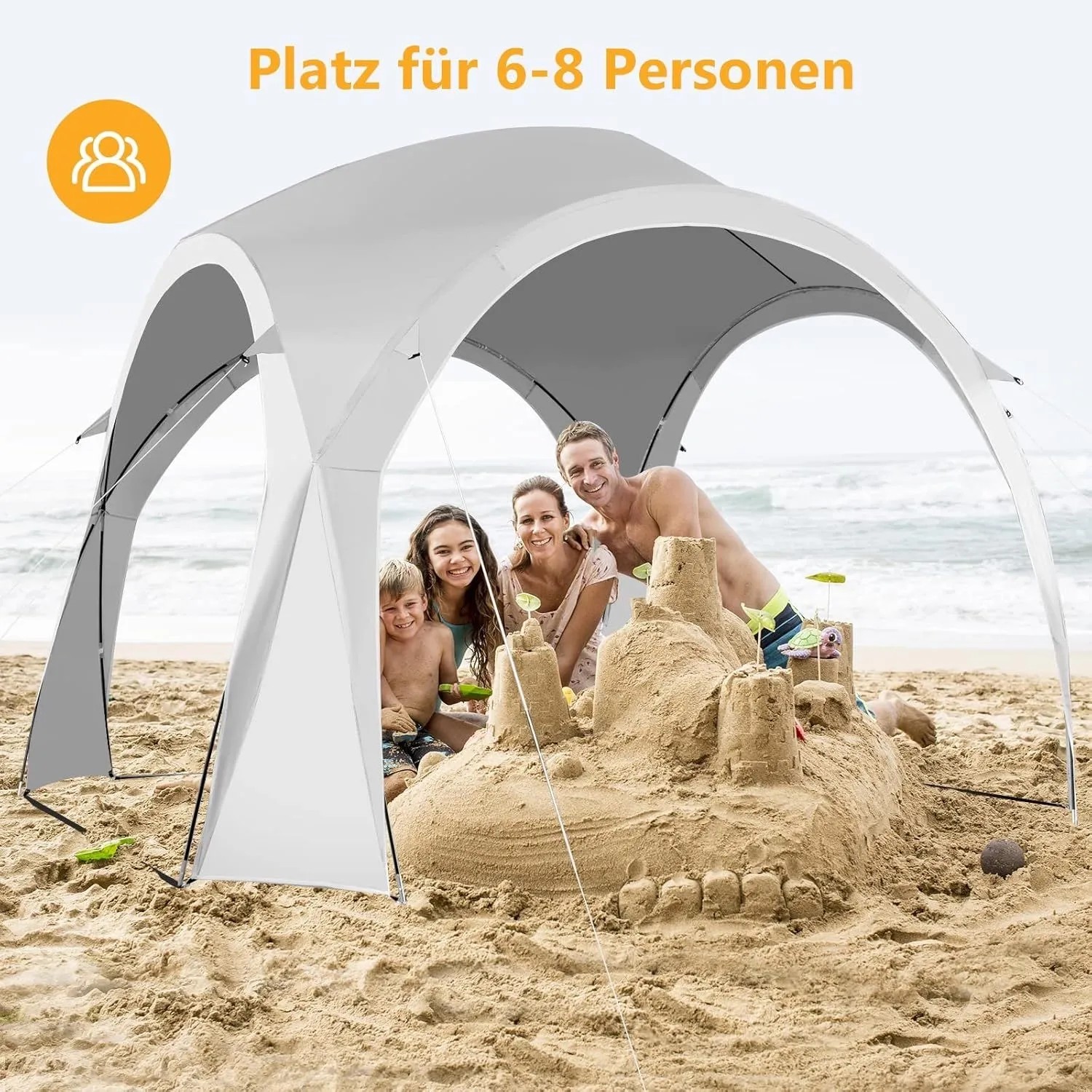 Costway Partyzelt/Pavillon am Strand mit Familie und Sandburg. Camping & Zubehör.