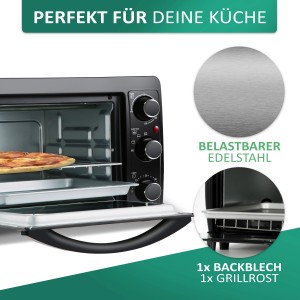 Steinborg Minibackofen SB-3015, 15 Liter, schwarz, mit Pizza, Backblech und Grillrost.