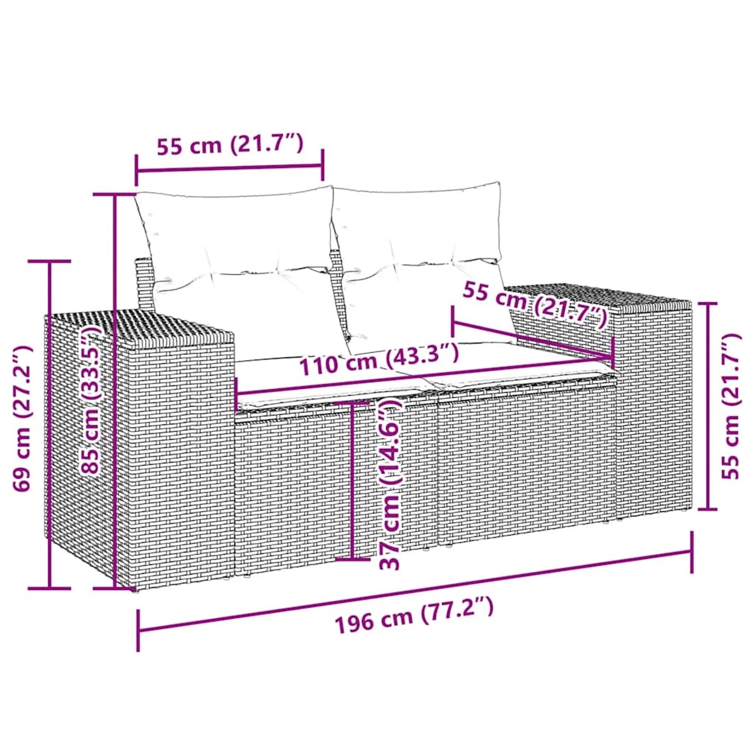 vidaXL Garten-Sofagarnitur, 8-teilig, grau, Poly Rattan, mit Maßangaben.
