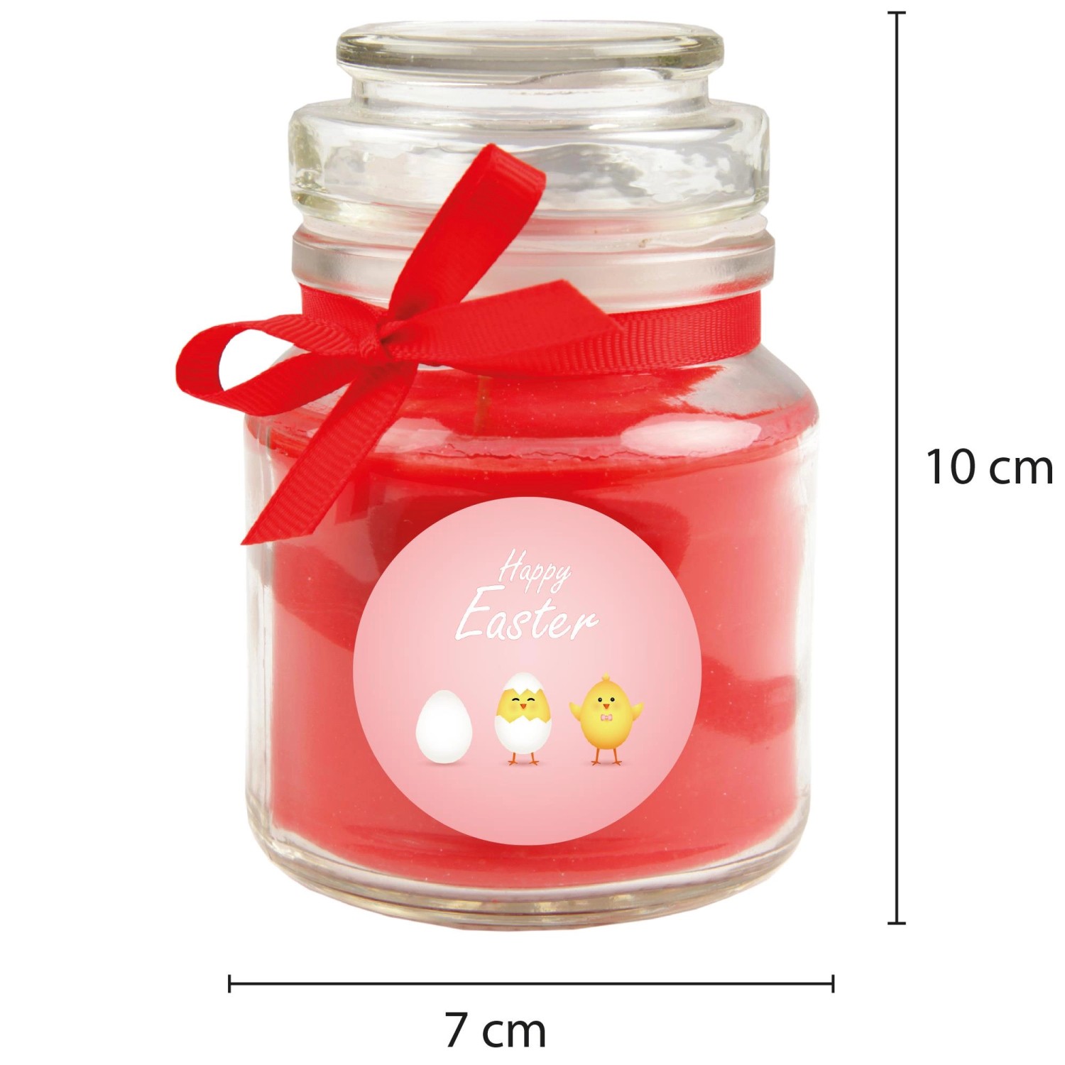 Rote Duftkerze im Glas mit Oster-Motiv und Schleife, 30h Brenndauer.