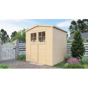 Bertilo Gerätehaus aus Holz mit Doppeltür und Fenstern, naturbelassen.