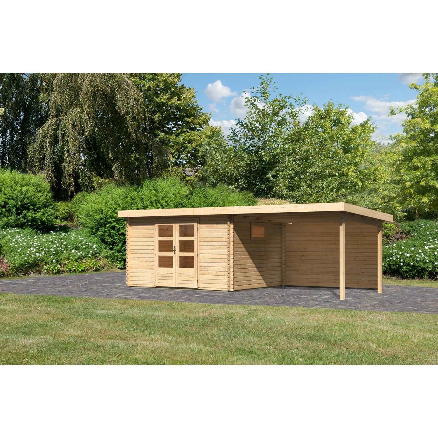 Karibu Gartenhaus Jeebel 4 m. Anbaudach 3,3 m Rückwand Natur günstig online kaufen