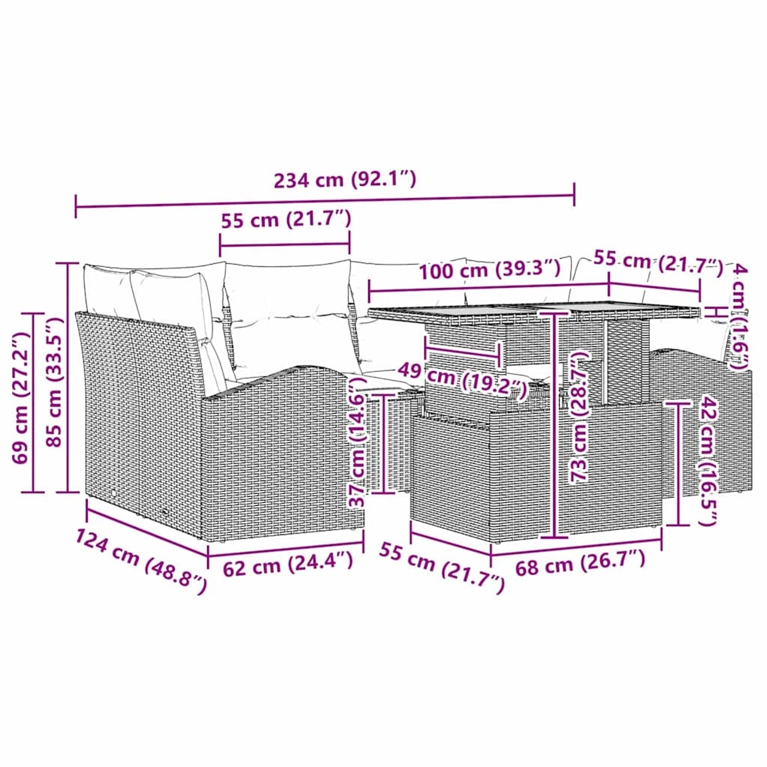 vidaXL Garten-Sofa-Set 7-tlg. Schwarz Poly Rattan mit Maßen für Planung.