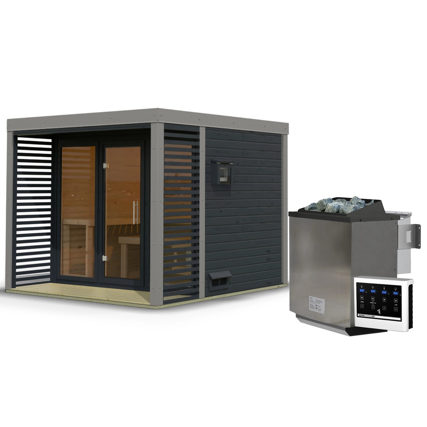 Karibu Saunahaus Seros 3 Zoll mit Ofen 9 kW Bio Externe Steuerung Anthrazit günstig online kaufen