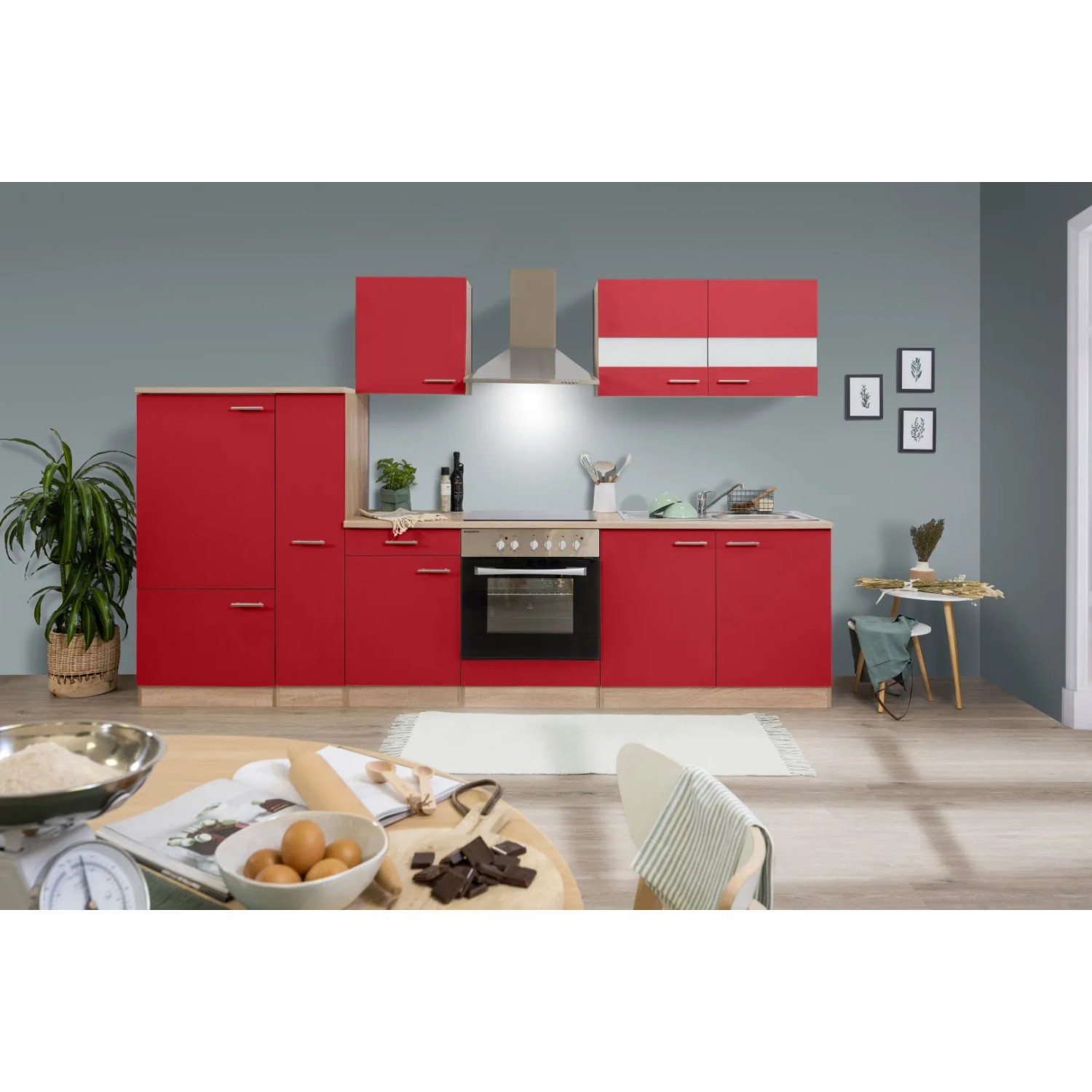 Respekta Küchenzeile KB300ESRC 300 cm Rot-Eiche Sägerau Nachbildung