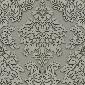 Barock Tapete in Grau, Silber und Beige mit glänzenden Ornamenten für ein elegantes Wohnambiente.