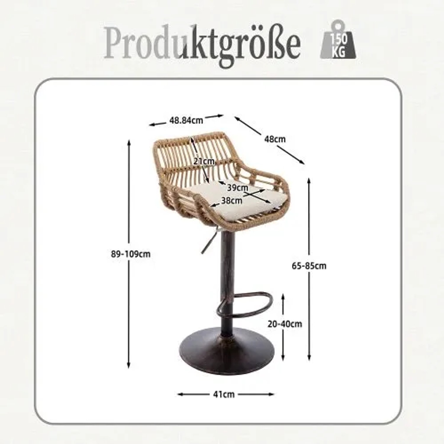 PXloue Barhocker 2er Set Höhenverstellbar mit Fußstütze und 360° Drehfunktion Barstuhl mit Metallgestell und Rattan Rückenlehne_9