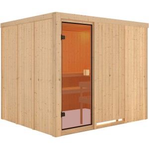 Karibu Sauna Nybro mit bronzierter Glastür, Fronteinstieg. Massivholzsauna mit Bänken.