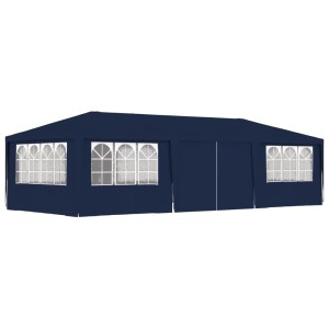 Blaues Partyzelt 4x9 m mit Seitenwänden und Fenstern für Gartenpartys.