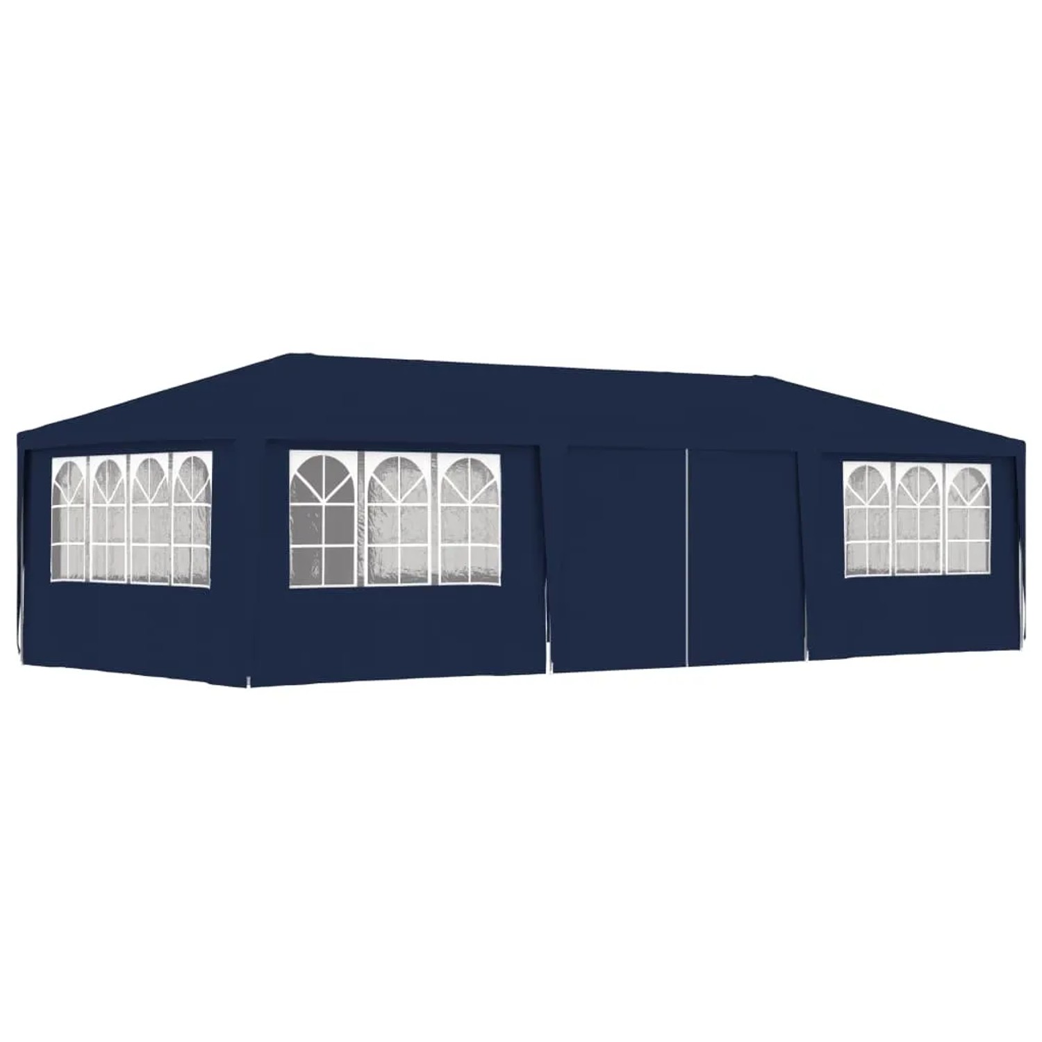 Blaues Partyzelt 4x9 m mit Seitenwänden und Fenstern für Gartenpartys.