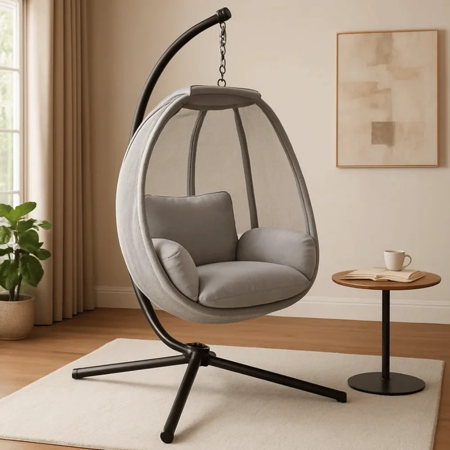 Grauer DELUKE Hängesessel mit Gestell, Kissen und Kuscheldecke für Indoor/Outdoor.