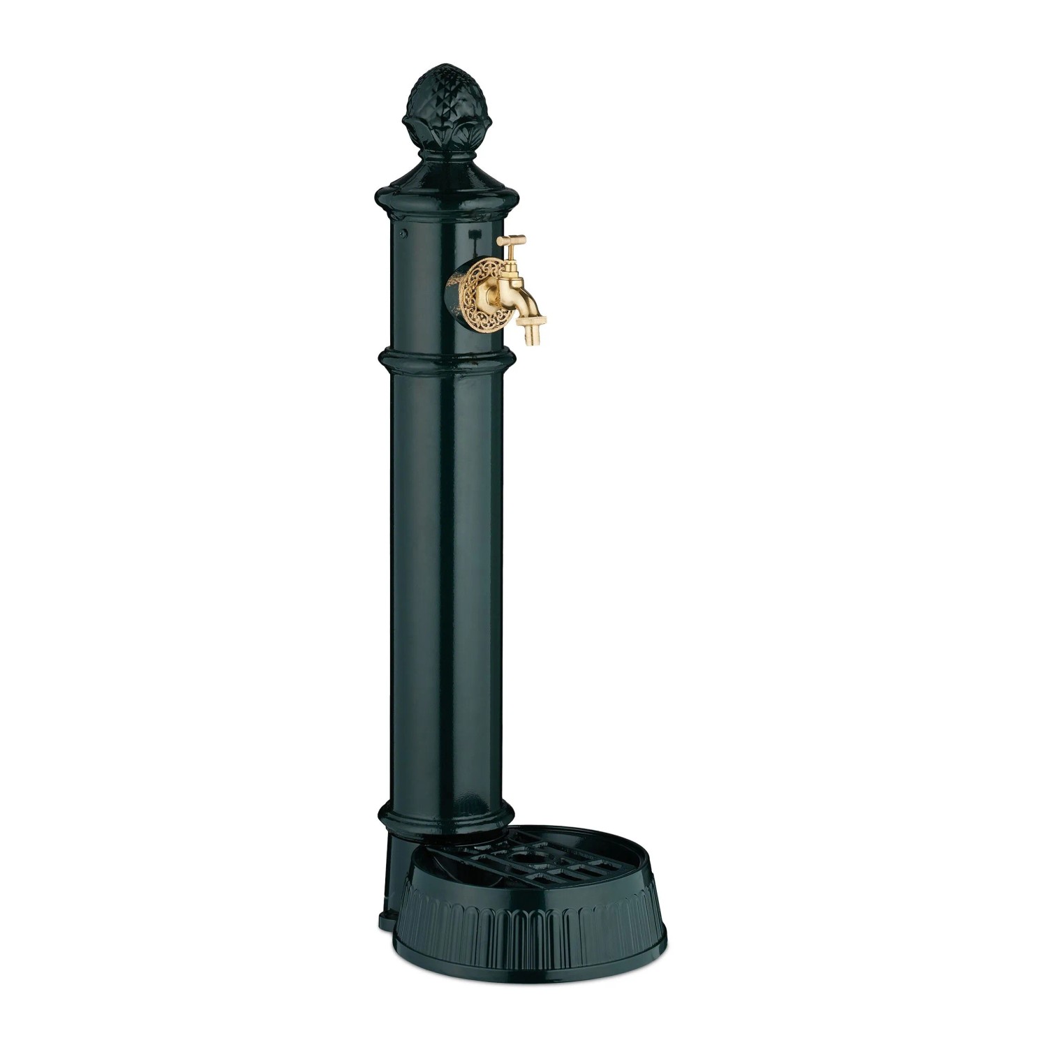 Relaxdays Standbrunnen Aluminiumguss Stahl Dunkelgrün Gold mit Wasserhahn mit Becken Verschließbar 83 cm x 26 cm x 31,5 cm 4,1 kg