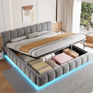 Graues Polsterbett 180x200cm mit LED-Beleuchtung, hydraulischem Stauraum und weichem Kopfteil.