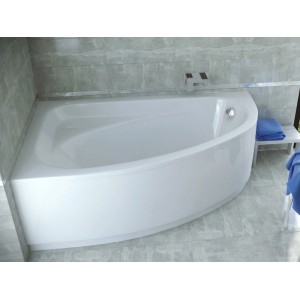 Weiße KOLMAN Eckbadewanne 150x100 cm links mit Ablauf und Füßen in modernem Badambiente.