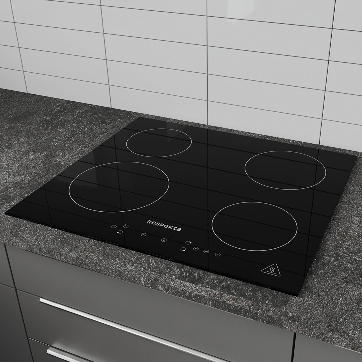 Schwarzes Respekta Induktionskochfeld des Herdsets Ned + Alex mit vier Kochzonen auf einer Küchentheke.