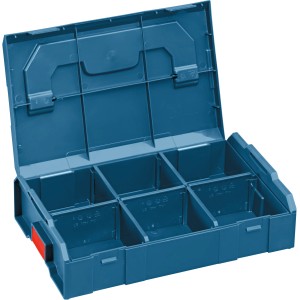 Offene, blaue Bosch L-Boxx Mini Werkzeugkiste mit Fächern für Kleinteile.