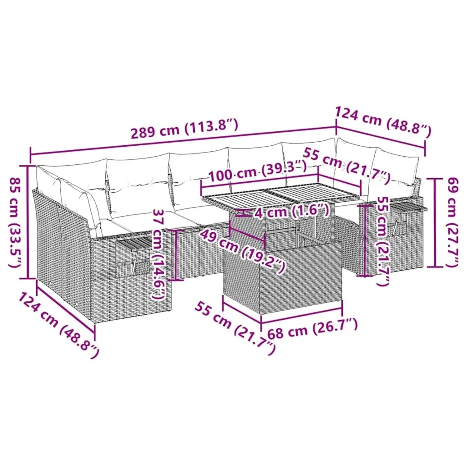 Graue 8-tlg. vidaXL Garten-Sofagarnitur aus Polyrattan mit Kissen, Maße eingezeichnet.