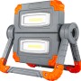 Grau-orange LED-Arbeitsleuchte mit Akku, Powerbank und USB-Kabel. Kompakter LED-Baustrahler.