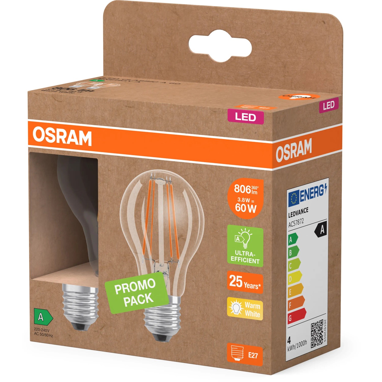 Osram E27 LED Leuchtmittel 2er-Set, Glühlampenform, 3,8W, warmweiß.