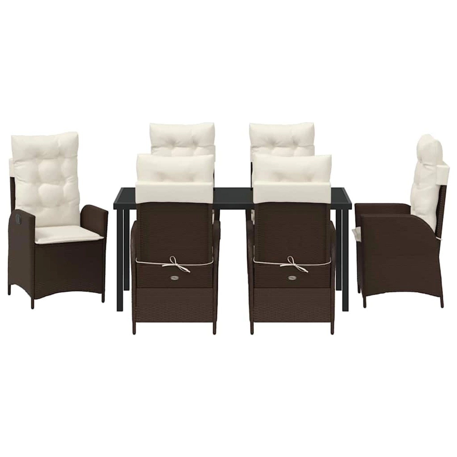 Braune vidaXL Garten Essgruppe, 7-teilig, aus Poly Rattan mit Tisch und Stühlen mit Auflagen.