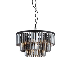 Moderner, schwarzer Kronleuchter Amel mit Rauchglas und 9 Lampen für stimmungsvolle Beleuchtung.