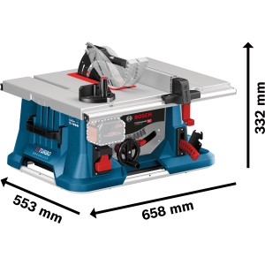 Bosch Professional Akku-Tischkreissäge GTS 18V-216 Solo mit Maßen, ohne Akku.