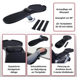 MCW Armauflage N76 mit Mauspad, gepolsterter Handgelenk-Ablage, Schraubklemme für Tisch und Klettbändern für Bürostühle.