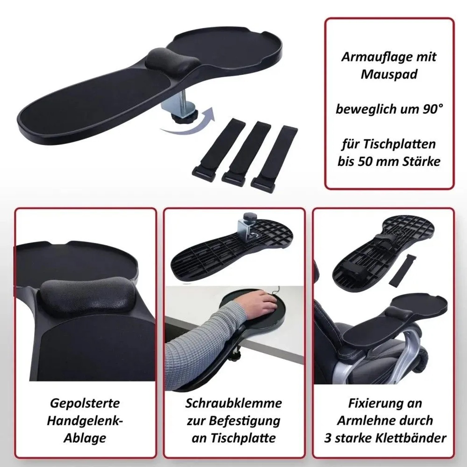 MCW Armauflage N76 mit Mauspad, gepolsterter Handgelenk-Ablage, Schraubklemme für Tisch und Klettbändern für Bürostühle.
