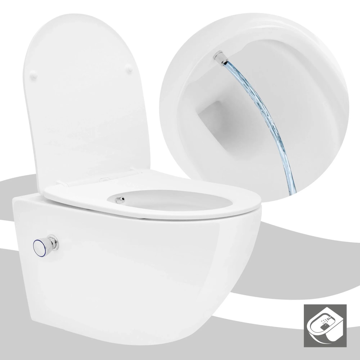 Weißes spülrandloses Hänge-WC aus Keramik mit Bidet-Funktion und Soft-Close Sitz für moderne Bäder.