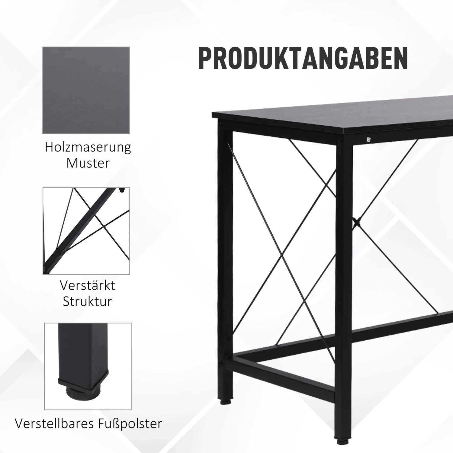Detailansicht: HOMCOM Computertisch L-Form, schwarzer Winkelschreibtisch mit Stahlrahmen und Holzmaserung.