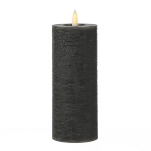 Graue LED Kerze LINA in Rustik Optik aus Echtwachs, flackernde 3D Flamme und Timer, 19cm hoch.