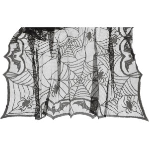 Schwarze Halloween Tischdecke aus Polyester mit Spinnennetz-, Spinnen- und Fledermausmuster, 132x178 cm.