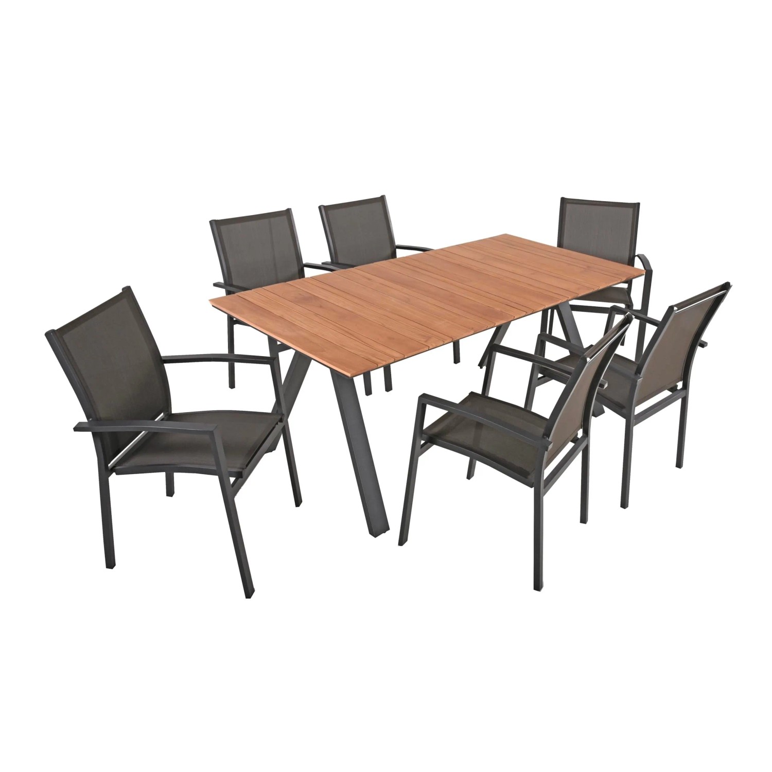 DELUKE Garten-Sitzgruppe GEORG 7-tlg. Teak Dunkelgrau Gartenmöbel-Set Gartengarnitur Garten-Essgruppe Stapelstühle Esstisch