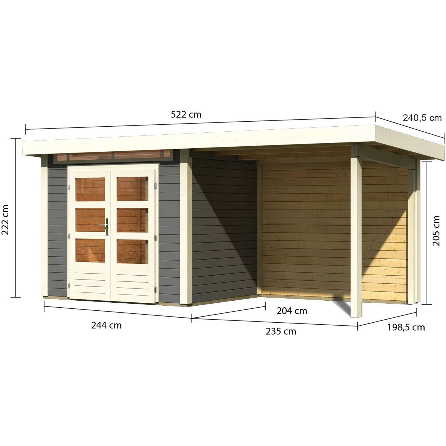 Karibu Holz-Gartenhaus Kumla 2, terragrau, mit Pultdach und Anbau, Maße: 244x204 cm.