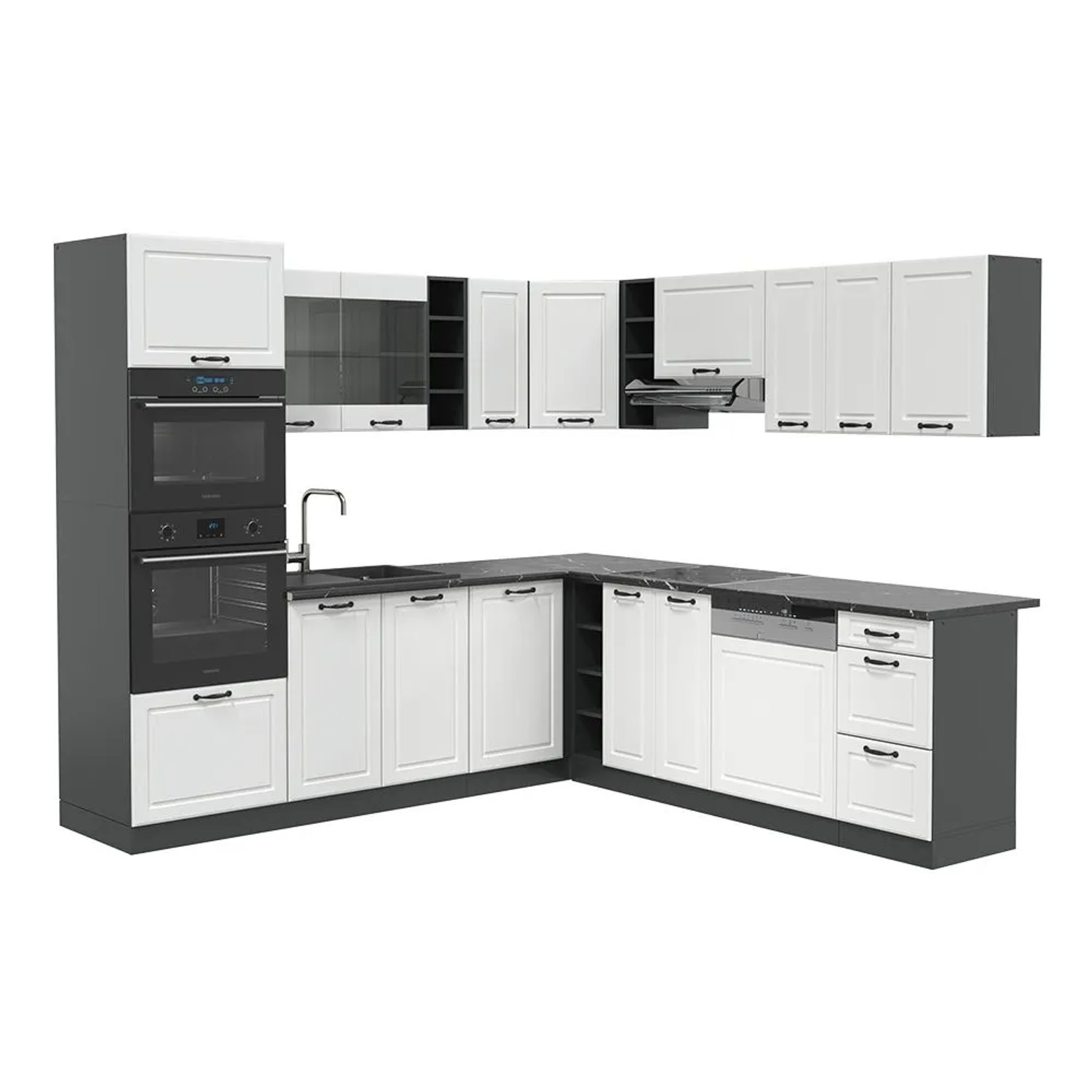 Vicco Eckküche R-Line Weiß Landhaus/Anthrazit 247 x 82, AP Anthrazit