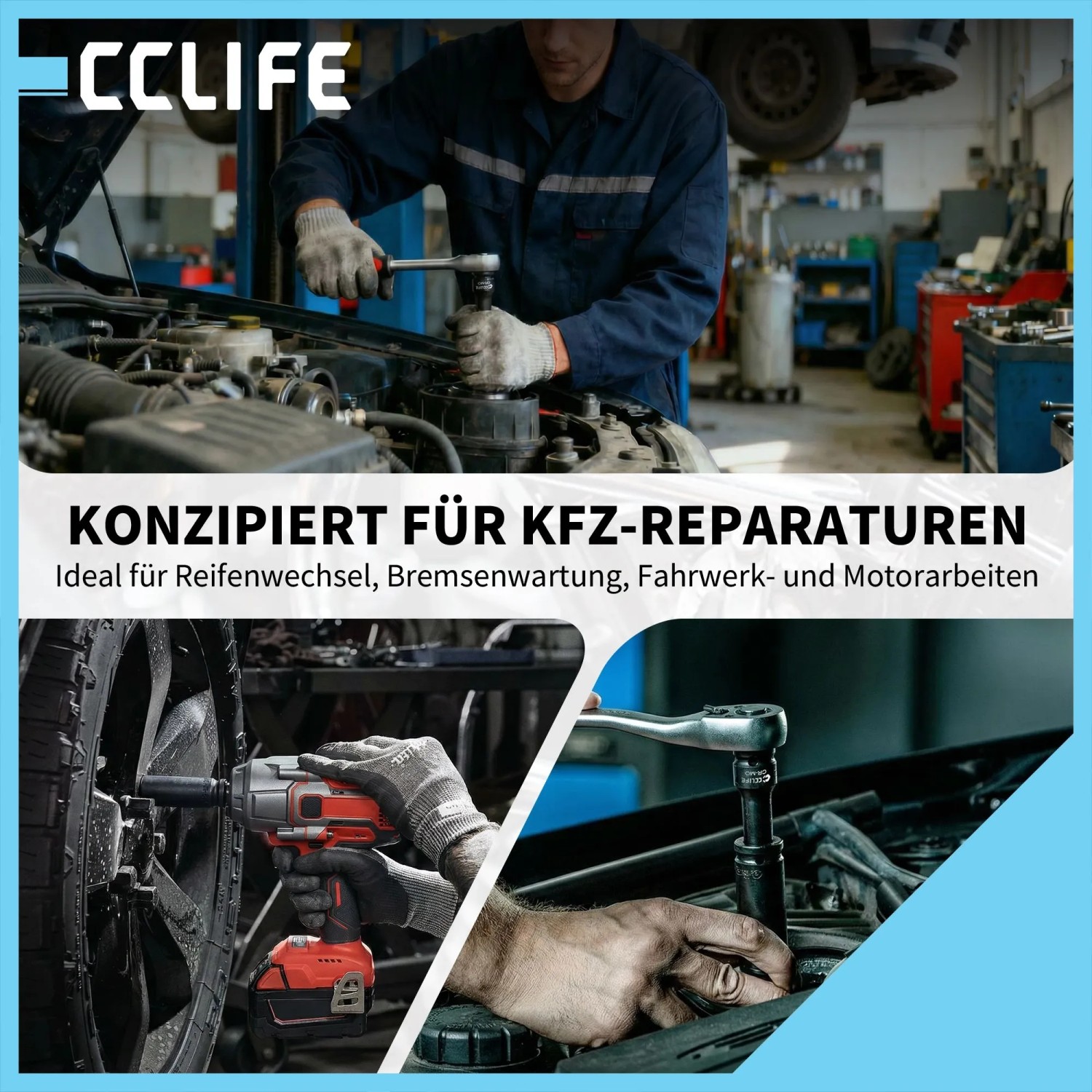 Mechaniker nutzt CCLIFE Schlagschrauber Nüsse Set für Kfz-Reparaturen, Reifenwechsel und Motorarbeiten. 18-tlg. 1/2 Zoll.