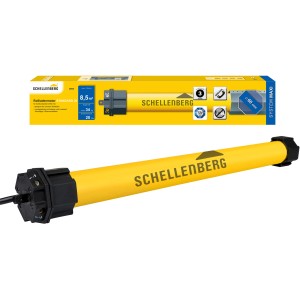 Schellenberg Rollladenmotor Standard Maxi 20 Nm, gelber Rohrmotor mit Zubehör und Verpackung.