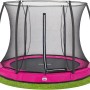 Pinkes Salta Comfort Edition Bodentrampolin ø 251 cm mit Sicherheitsnetz im Garten.