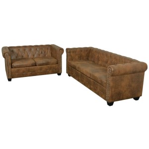 Braunes vidaXL Chesterfield Sofa-Set, 2- und 3-Sitzer aus Kunstleder mit Knopfheftung.
