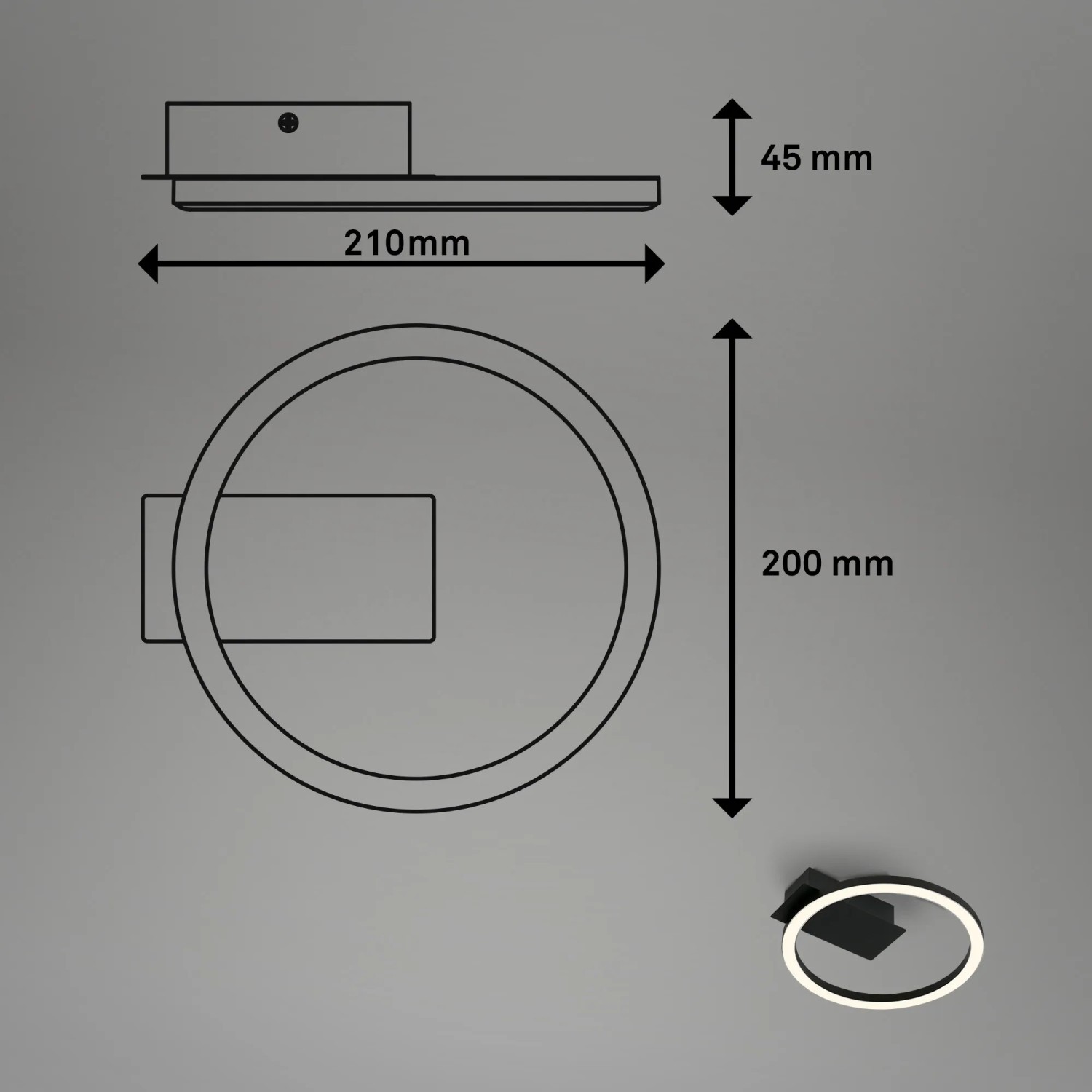 Skizze der schwarzen LED-Deckenleuchte Nici von Brilo mit Maßangaben.